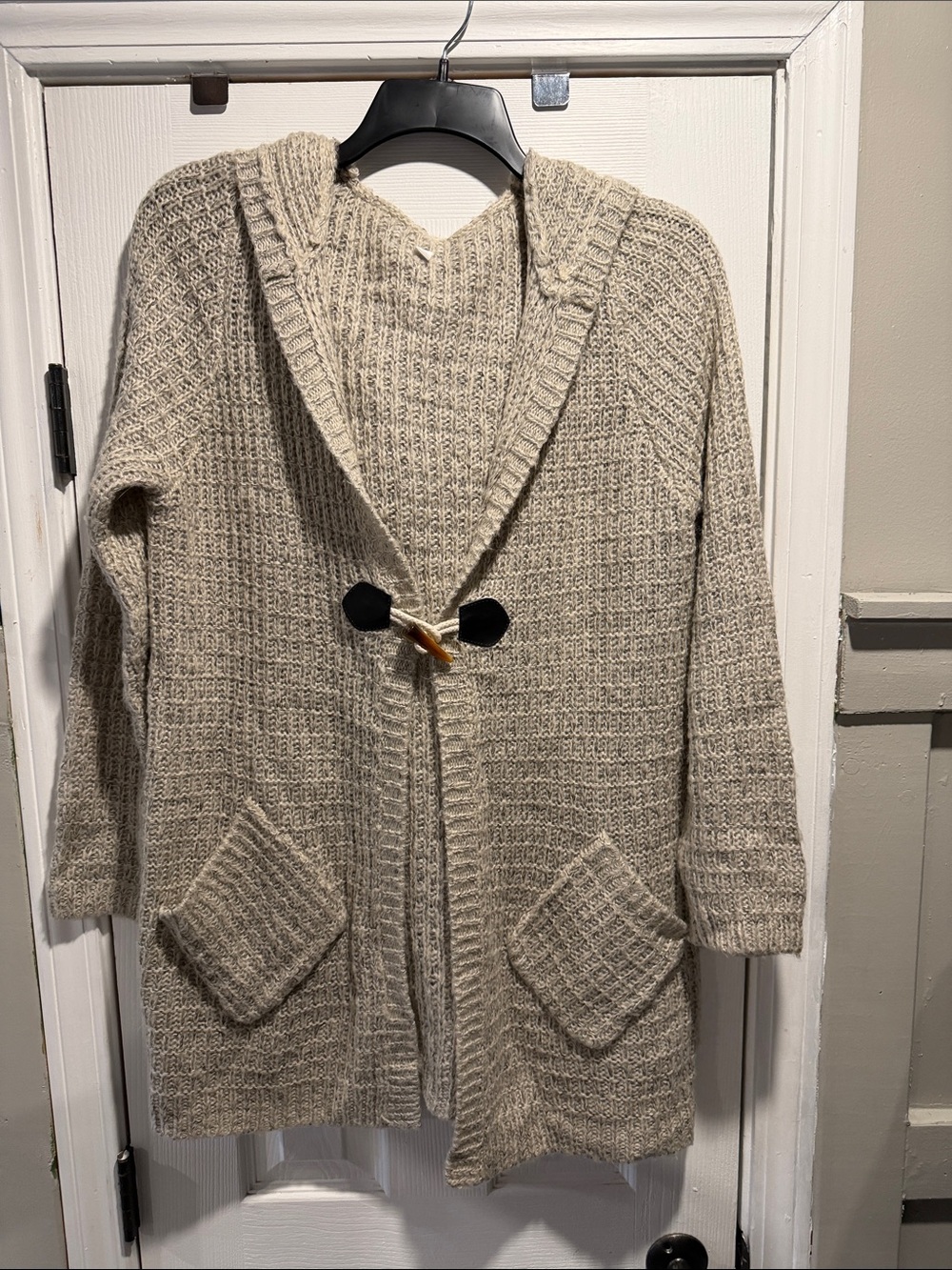 Beige Knit Hooded Cardigan with Toggle Closure
